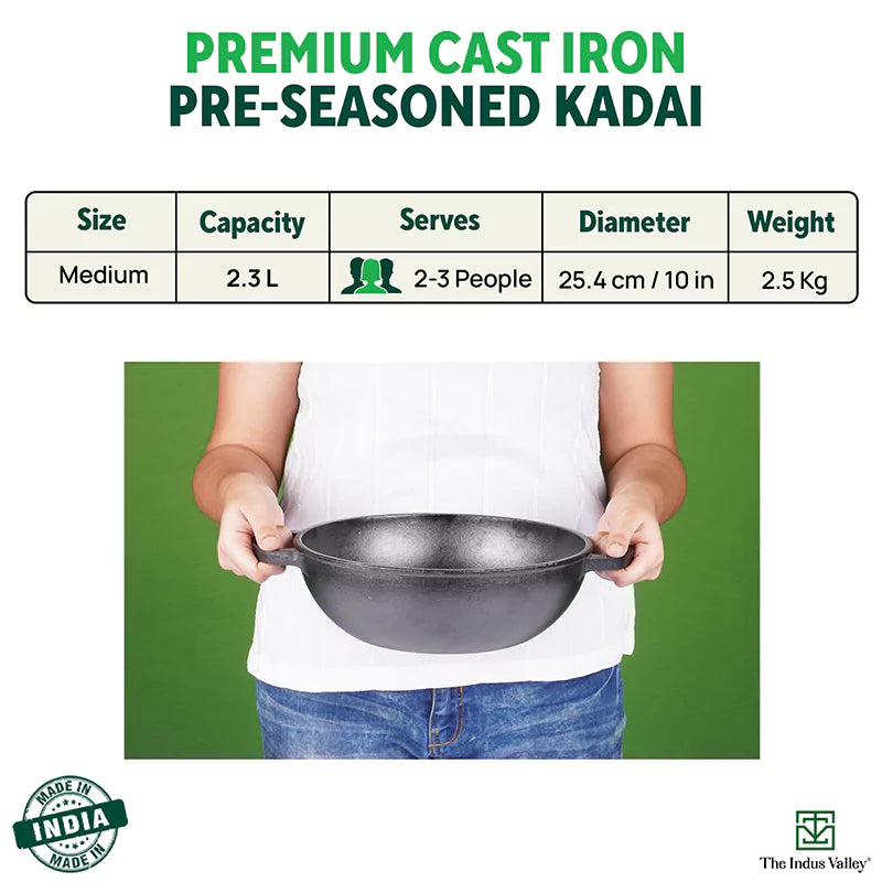 The Indus Valley CASTrong Cast Iron Kadai ,Pre-seasoned, Nonstick, 100% Pure, Toxin-free, Induction, Spatula, 25.4 cm, 2.3L, 2.5kg | Grocsy