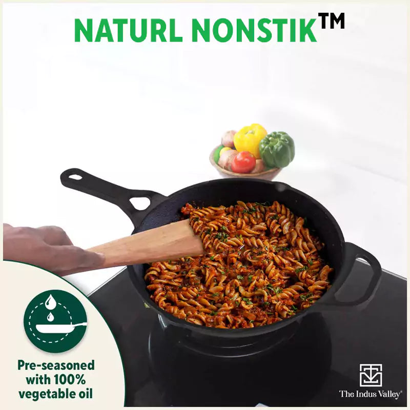 The Indus Valley CASTrong Cast Iron Fry Pan/Skillet, Pre-seasoned, Nonstick, 100% Pure, Toxin-free, Induction,Spatula, 25.4cm, 1.7L, 2.3kg | Grocsy