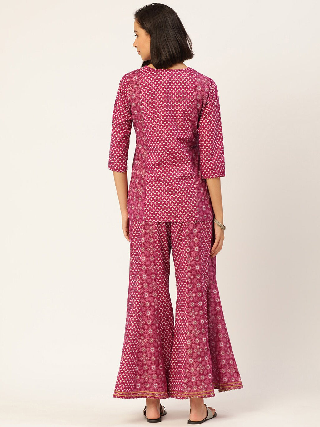 HERE&NOW Women Pink And Black Ethnic Printed Pure Cotton Kurti With Palazzo And Dupatta | Grocsy