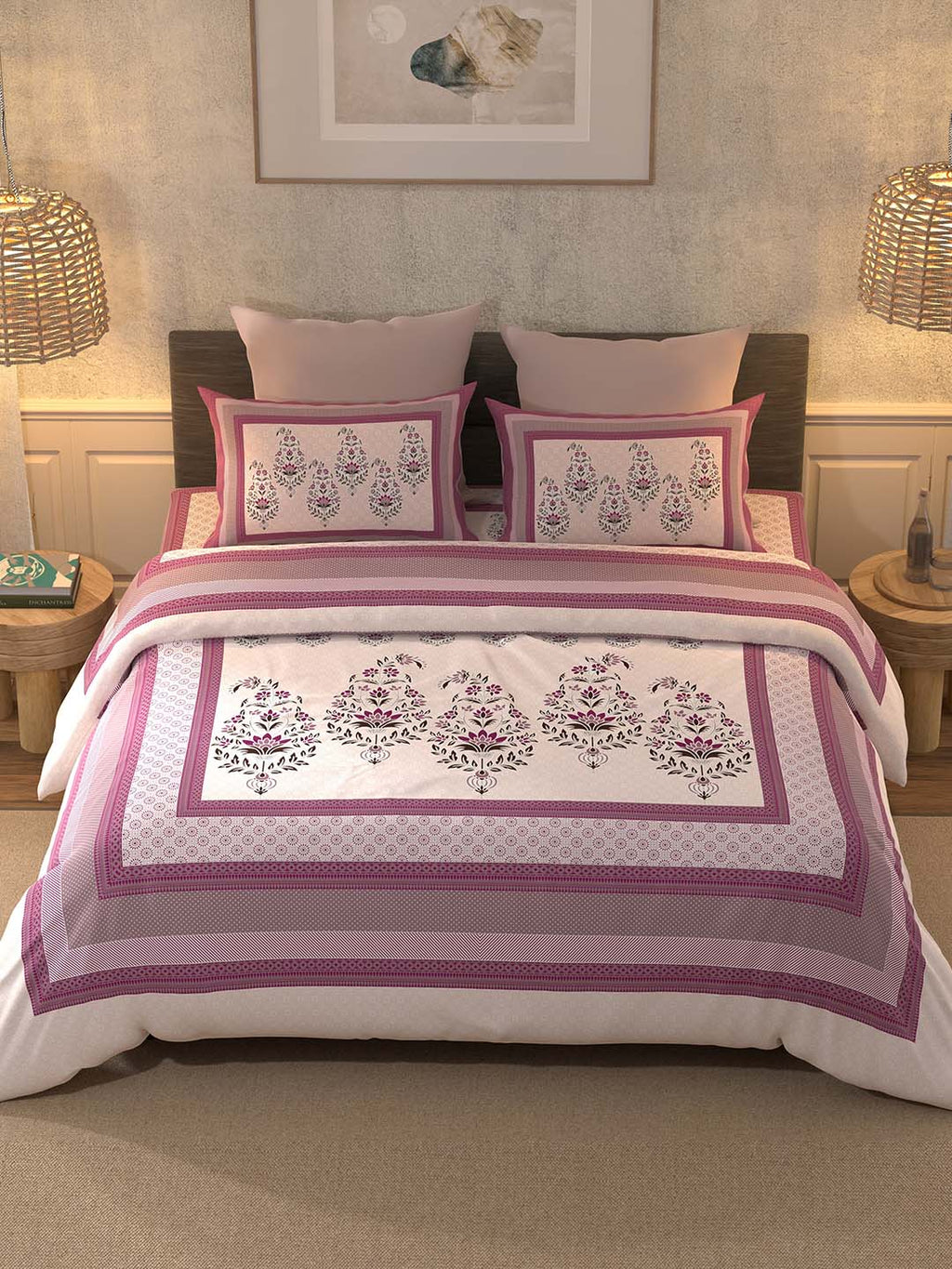 BELLA CASA Pink & White 350TC Ethnic Motifs Pure Cotton King Bedsheet with 2 Pillow Covers | Grocsy