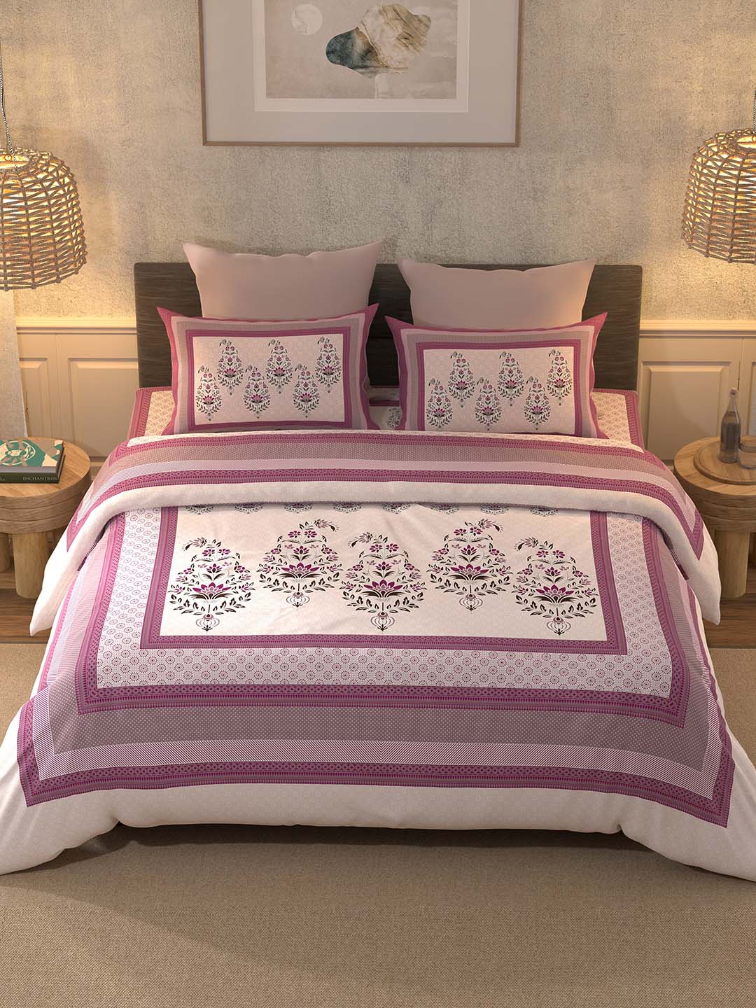 BELLA CASA Pink & White 350TC Ethnic Motifs Pure Cotton King Bedsheet with 2 Pillow Covers | Grocsy