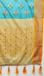 Lorenvalley Fashion Teal Organza Silk Woven Design with Meenakari Weaving Saree | Grocsy