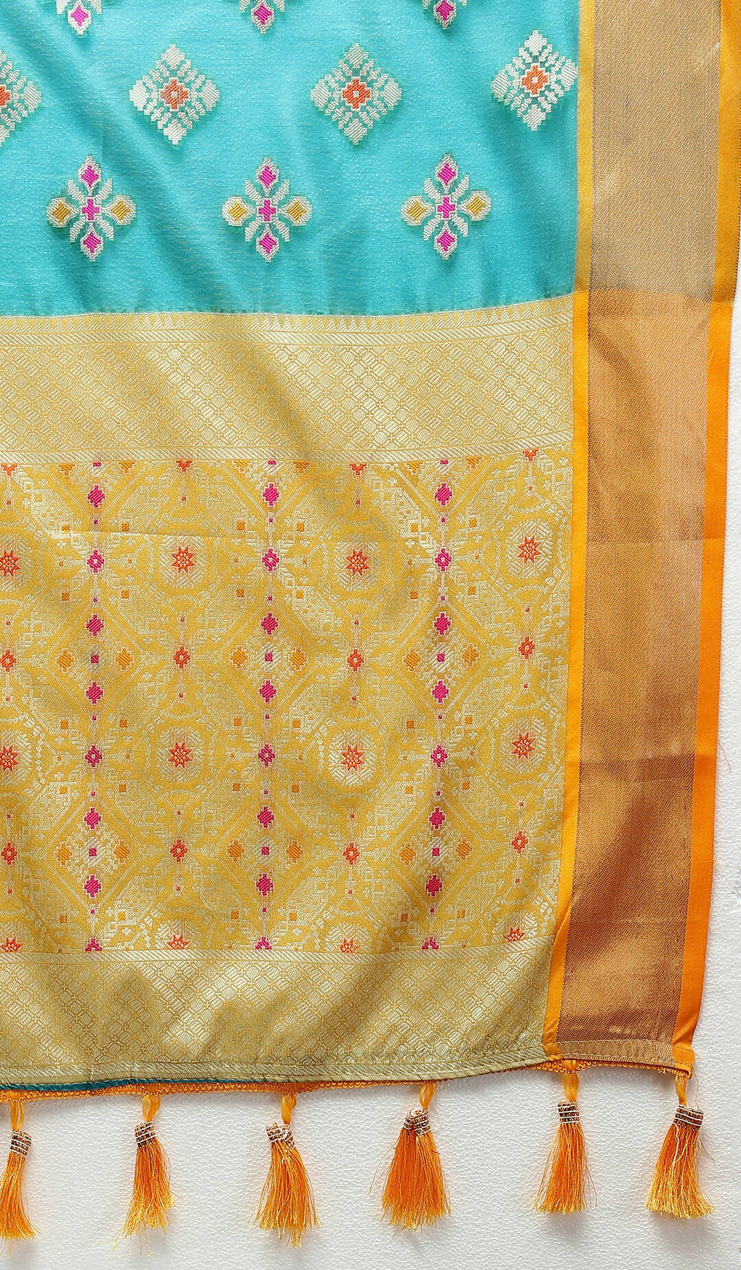 Lorenvalley Fashion Teal Organza Silk Woven Design with Meenakari Weaving Saree | Grocsy