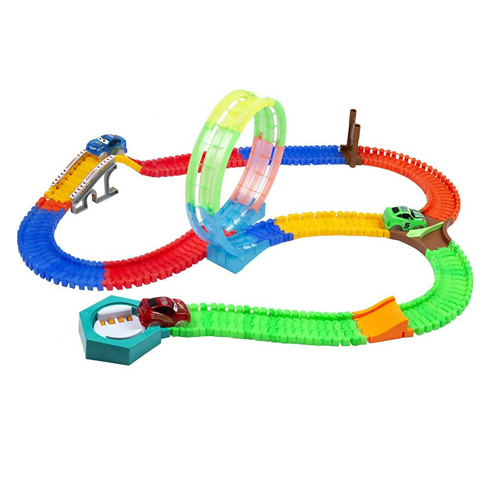 Kipa City Adventure 1 Magic Race car with 249 Bend Flex and Glow Tracks, Plastics brigde,Jumper,Crossing, Gate,Turn Plate, Rotation Plate Set for Kids | Grocsy
