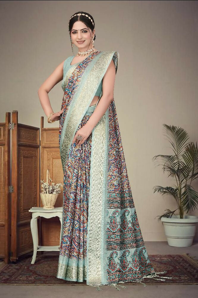 PR Fashion Multi Heavy Rich Cotton Silk Digital Print & Jacquard Saree | Grocsy