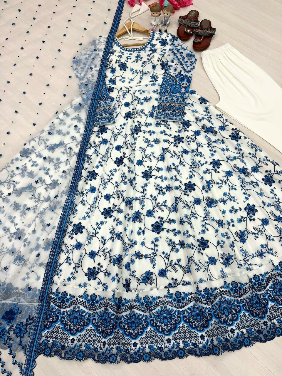 Teeya Creation White Color Faux Georgette Heavy Embroidery Work Wedding Wear Long Gown | Grocsy