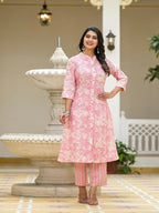 Juniper Women's Pink Floral Printed Cotton Kurta Set With Buttons | Grocsy