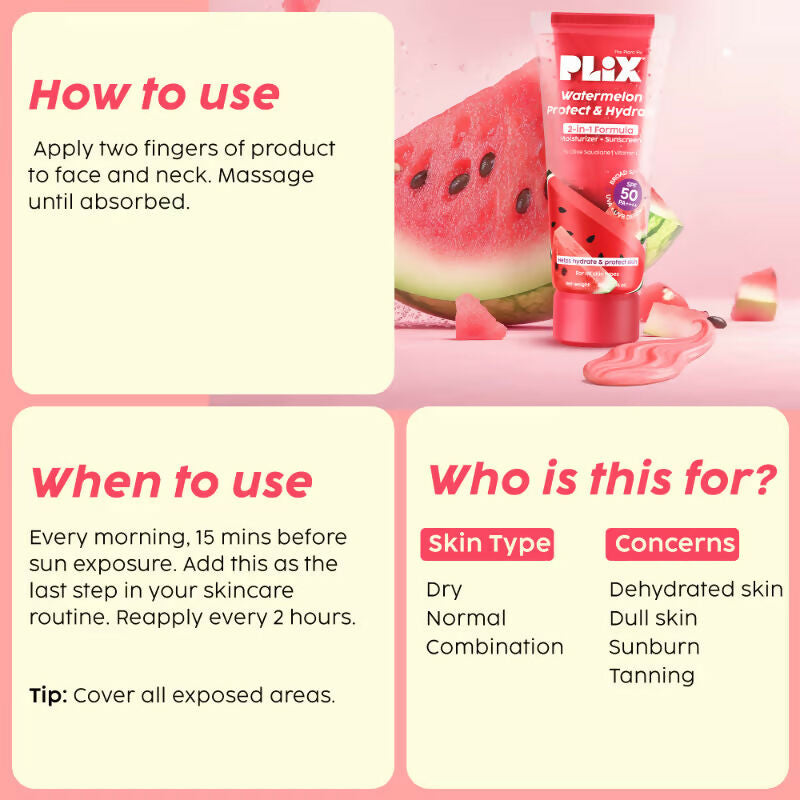 Plix Watermelon SPF PA++++ 50 Protect & Hydrate 2 In 1 Moisturizer + Sunscreen | Grocsy