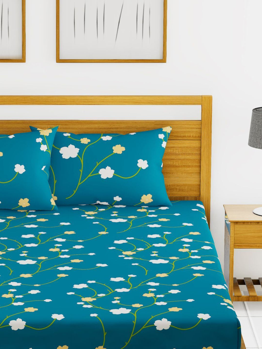 BIANCA Blue & Green Floral Printed 152 TC Cotton 110 GSM Micro-Peached King Bedsheet With 2 Pillow Cover | Grocsy
