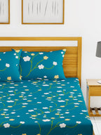 BIANCA Blue & Green Floral Printed 152 TC Cotton 110 GSM Micro-Peached King Bedsheet With 2 Pillow Cover | Grocsy