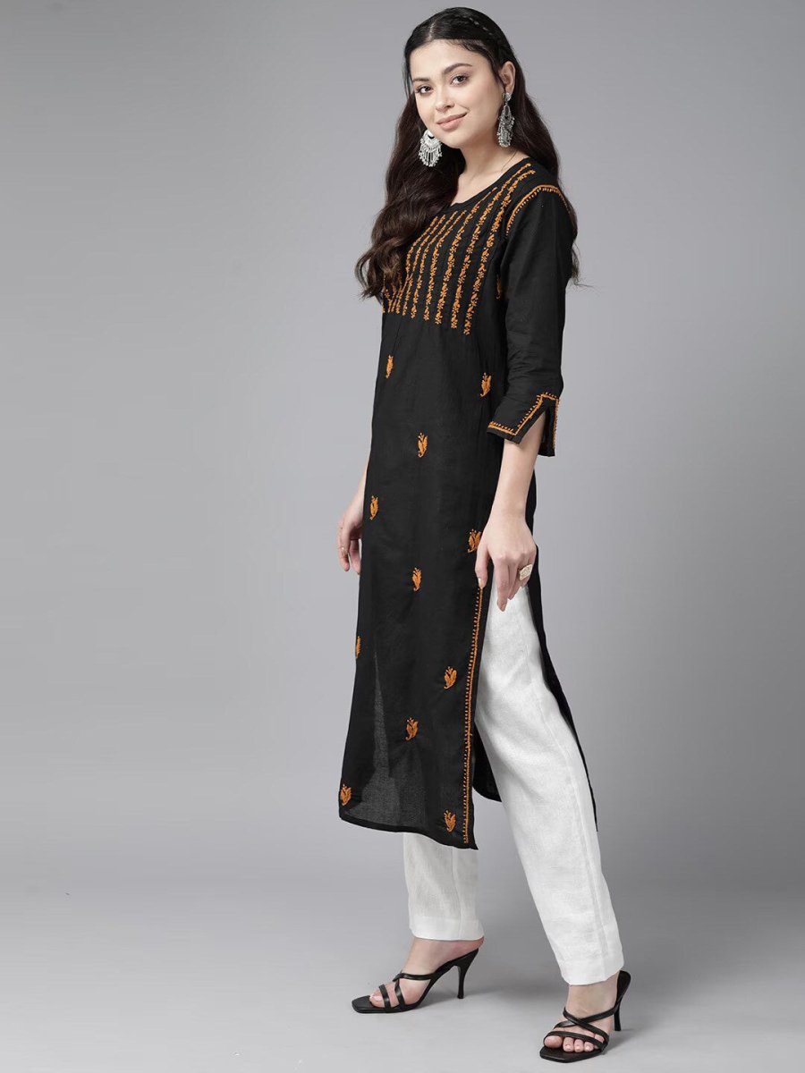 ADA Ethnic Motifs Embroidered Chikankari Cotton Straight Kurta | Grocsy