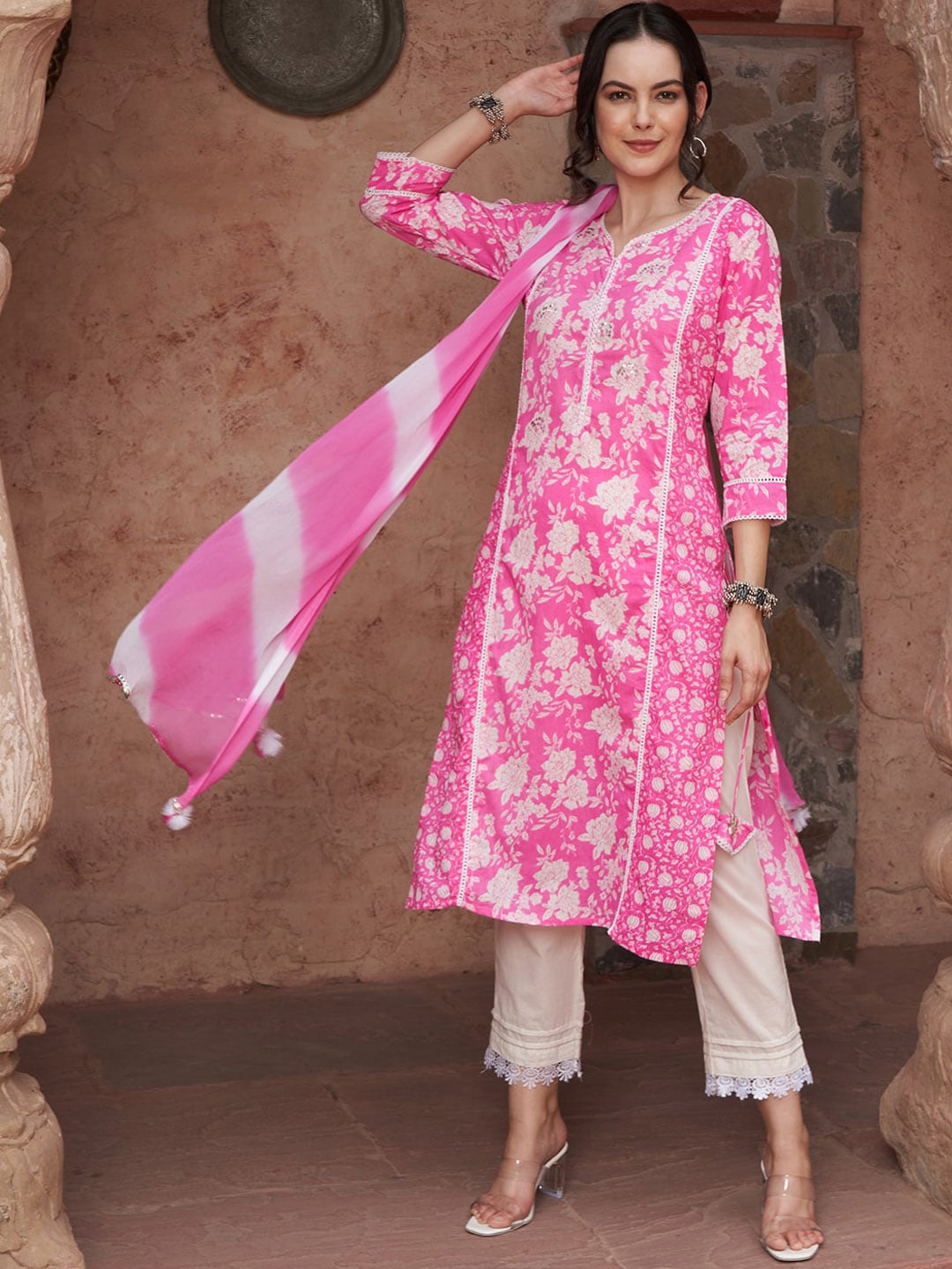 Sangria Ethnic Motifs Printed Sequined Pure Cotton Kurta with Trousers & Dupatta | Grocsy