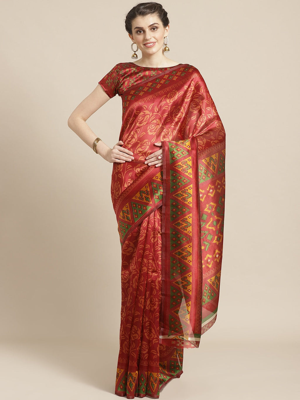 Saree Mall Rust Red & Mustard Yellow Printed Saree | Grocsy