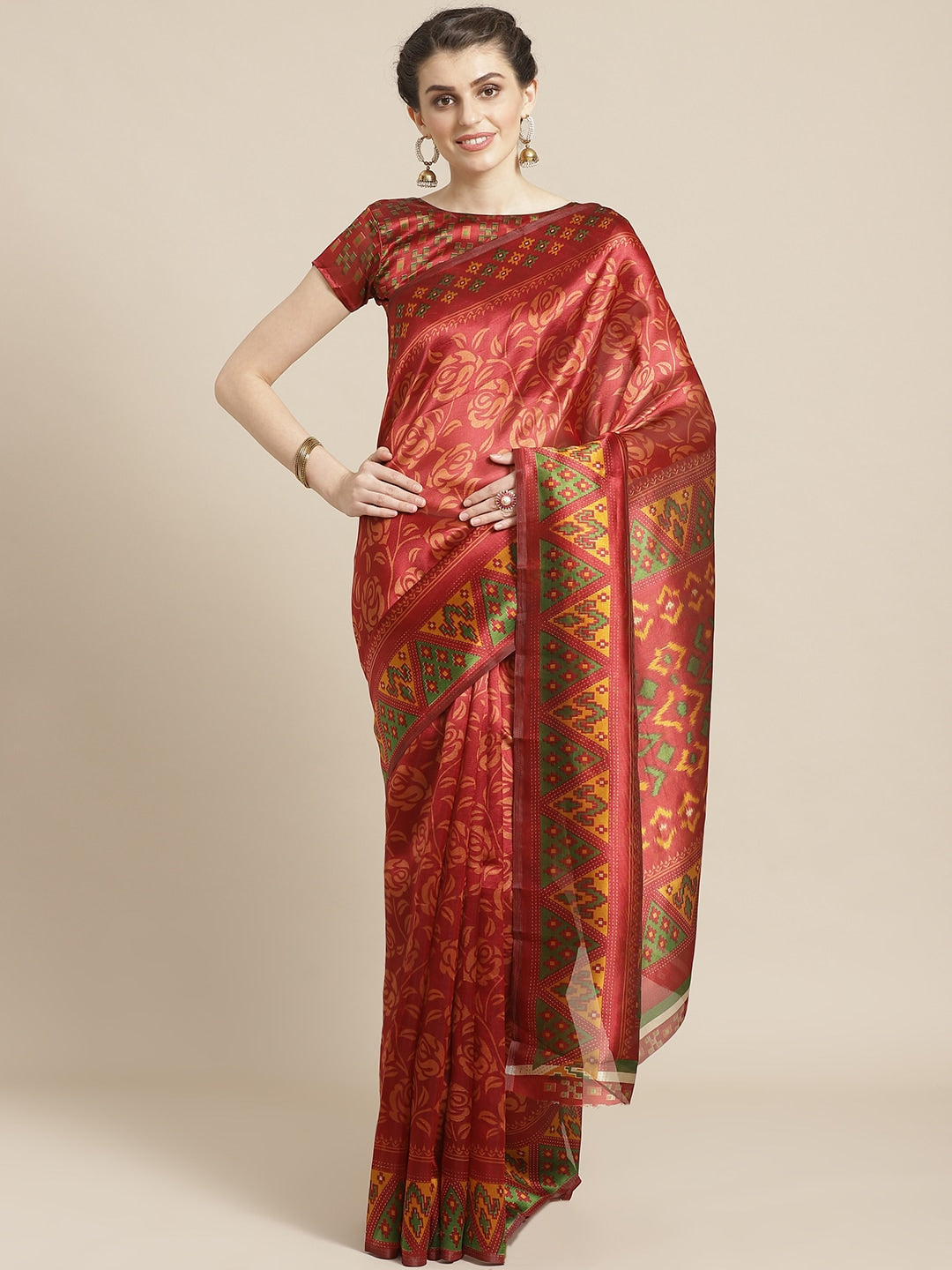 Saree Mall Rust Red & Mustard Yellow Printed Saree | Grocsy
