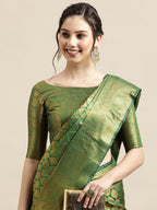 Saree Mall Green & Gold-Toned Woven Design Zari Silk Blend Banarasi Saree | Grocsy
