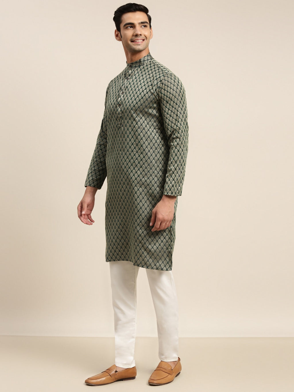 Sojanya Men Green Ethnic Motifs Kurta with Pyjama & Nehru Jacket | Grocsy
