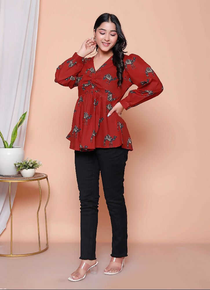 Miravan Womens Brown Animal Printed Balloon Sleeves V Neck Butterfly Top | Grocsy