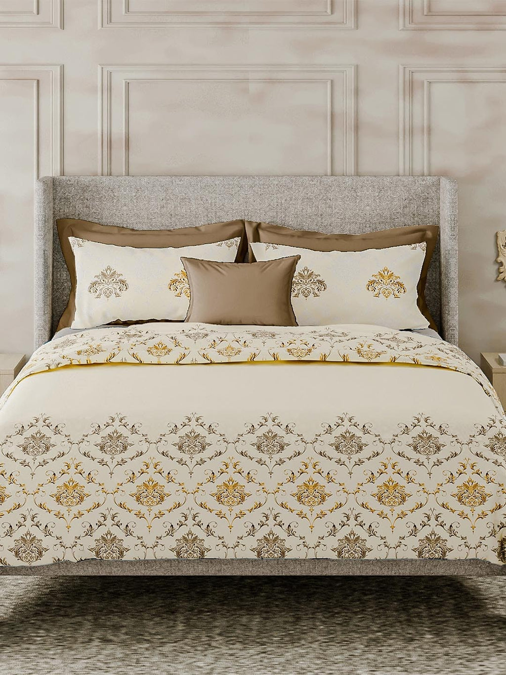 LABHAM Cream-Coloured & Brown Ethnic Motifs Cotton 180 TC King Bedsheet & 2 Pillow Covers | Grocsy