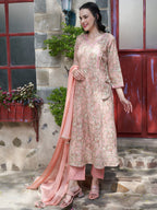 Sangria Peach Floral Printed Gotta Patti Pure Cotton A-Line Kurta with Trousers & Dupatta | Grocsy