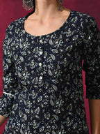 Aks Floral Printed Round Neck Kantha Work Detailed Pure Cotton Kurta with Palazzos | Grocsy