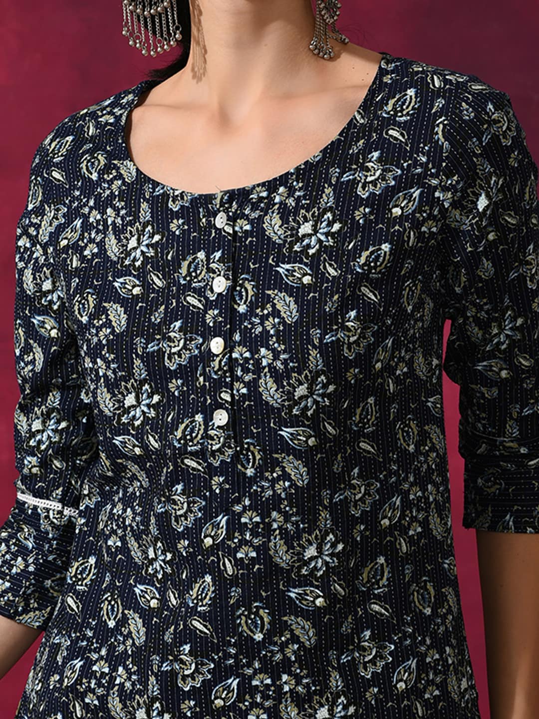 Aks Floral Printed Round Neck Kantha Work Detailed Pure Cotton Kurta with Palazzos | Grocsy