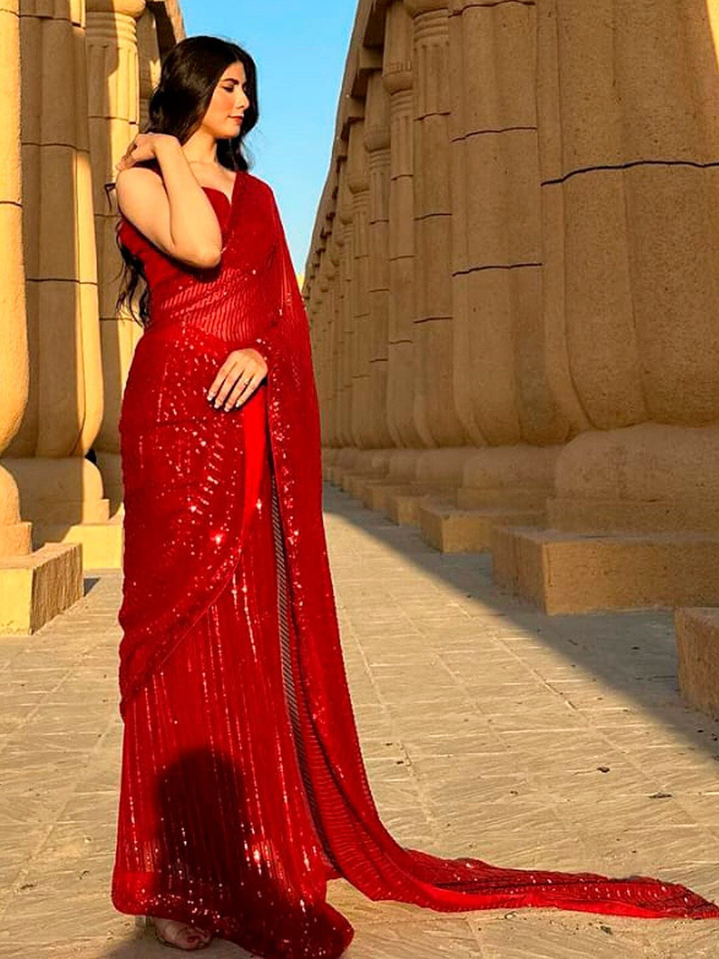 Sangria Red Embellished Pure Georgette Saree | Grocsy