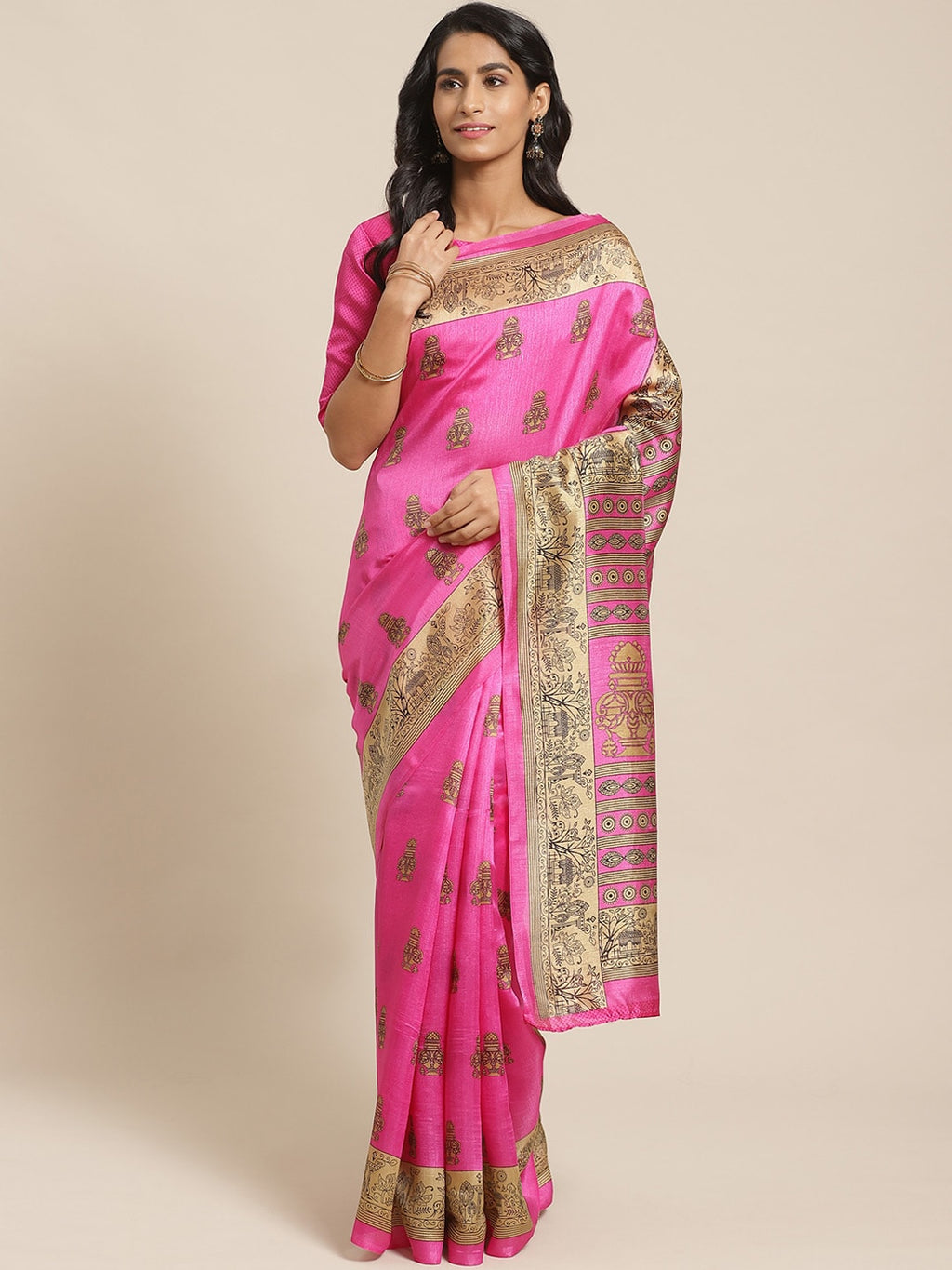 Saree Mall Pink & Beige Printed Saree | Grocsy