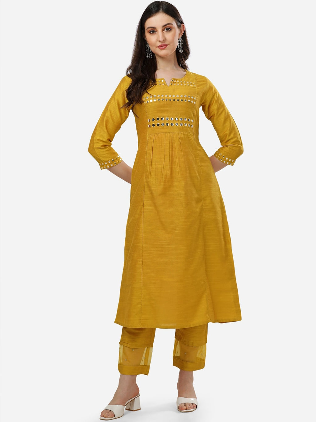 HERE&NOW Women Mustard Yellow Embroidered Panelled Mirror Work Kurta with Trousers | Grocsy
