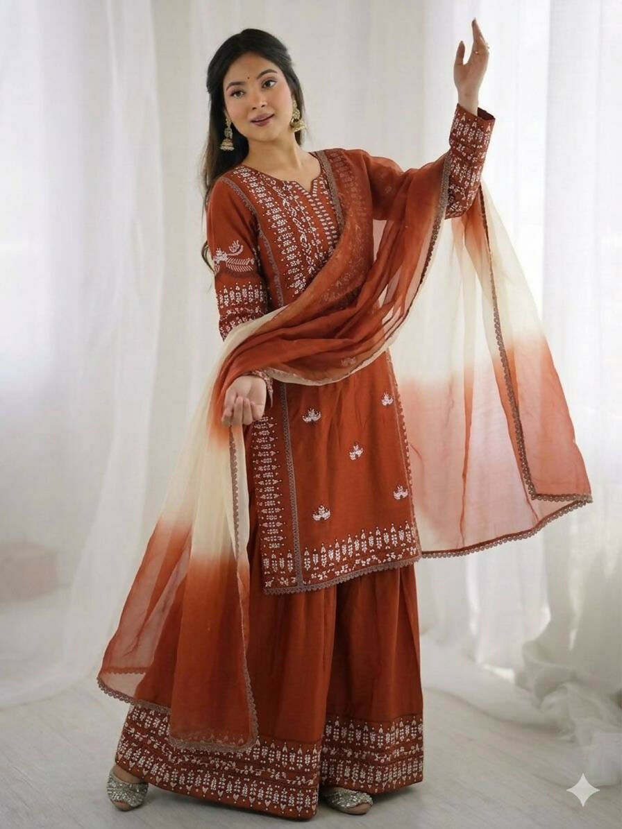 Teeya Creation Womens Trendy Stylish Embroidery Thread Work Orange Kurta Set | Grocsy