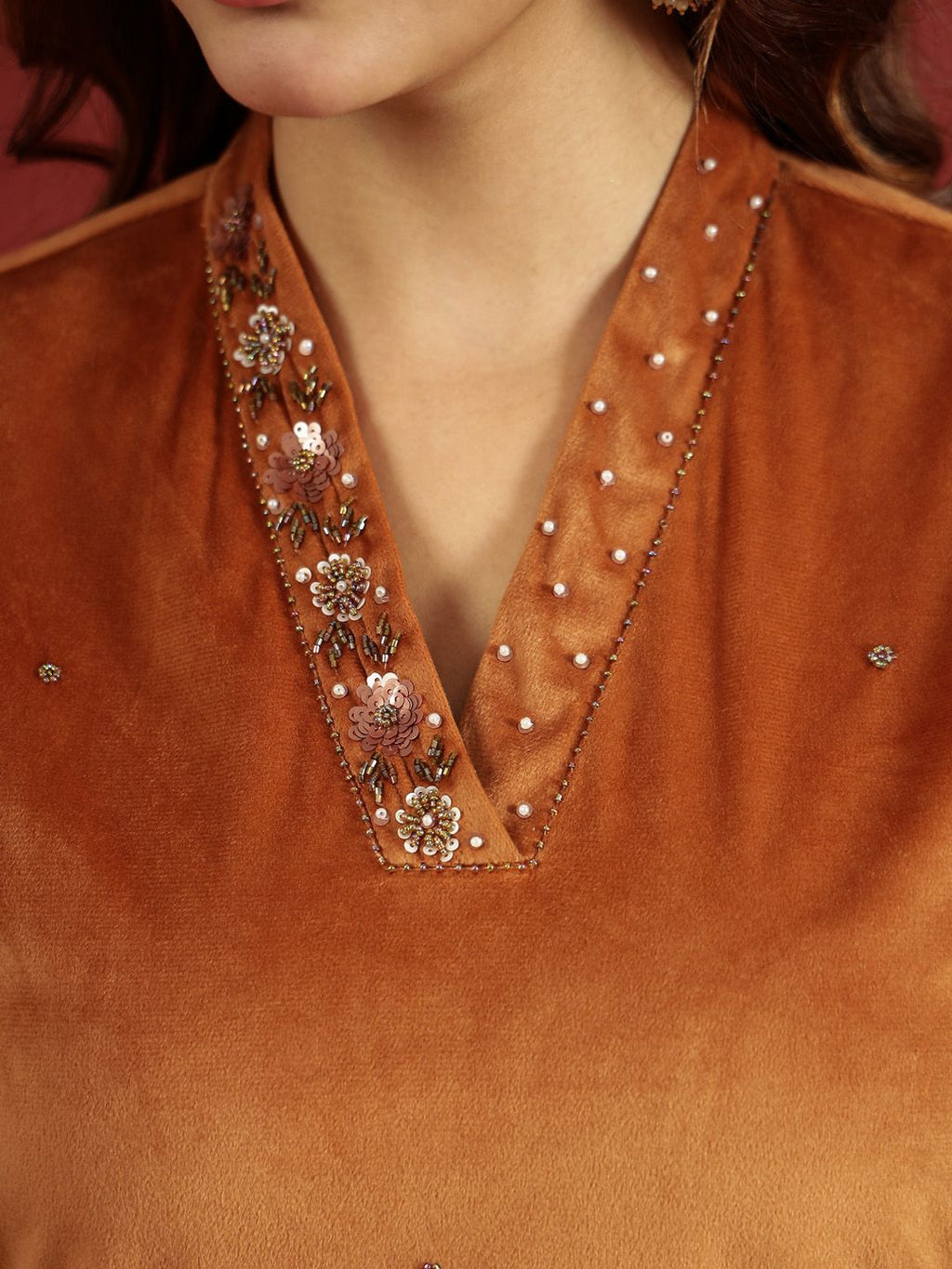 Sangria V-Neck Kurta & Trouser With Dupatta | Grocsy