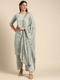 Sangria Women Grey Ethnic Motifs Embroidered Regular Sequinned Chanderi Silk Kurta with Palazzos & With | Grocsy