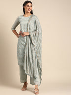 Sangria Women Grey Ethnic Motifs Embroidered Regular Sequinned Chanderi Silk Kurta with Palazzos & With | Grocsy
