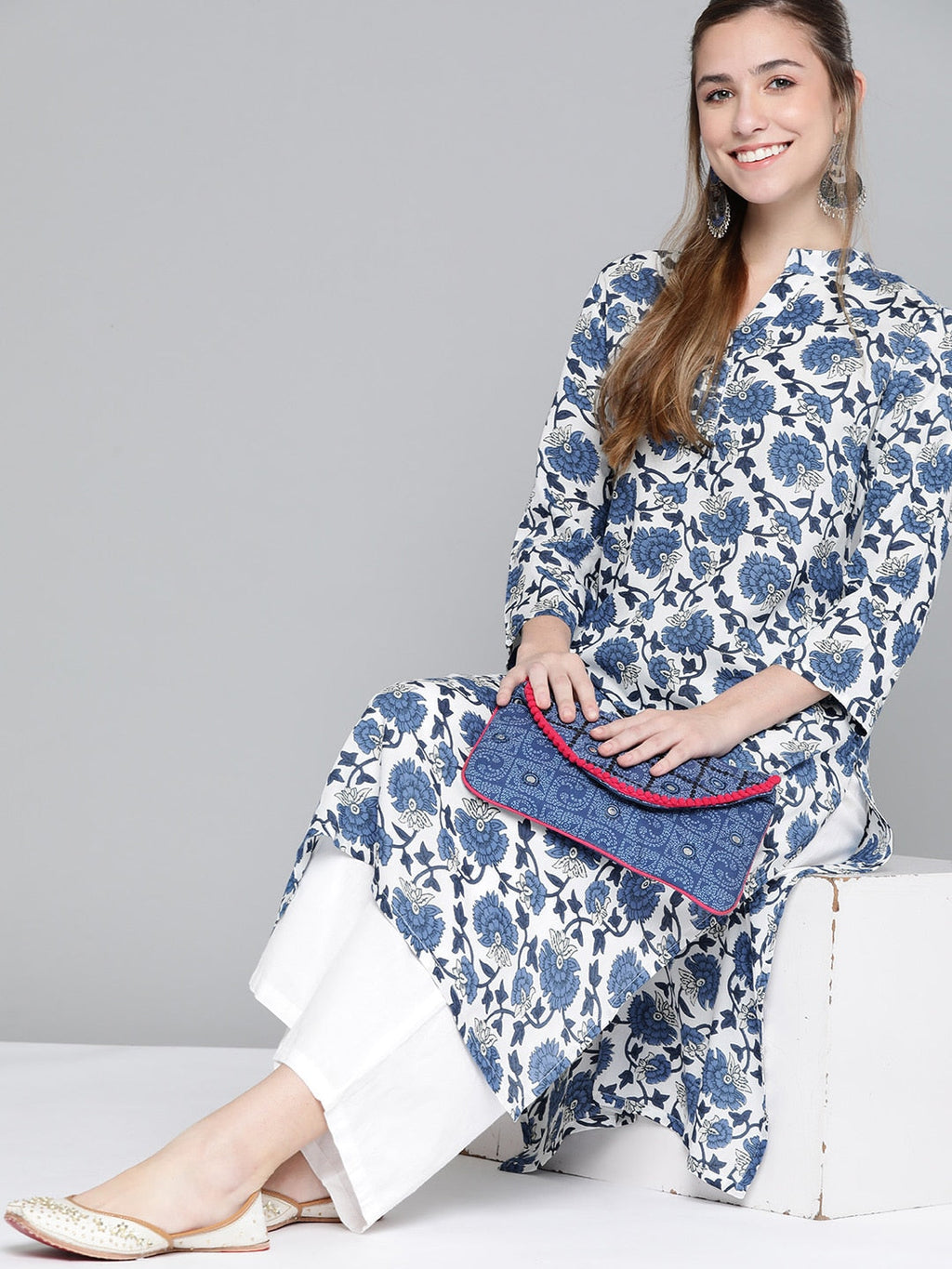 HERE&NOW Women White & Navy Blue Ethnic Motifs Printed Kurta | Grocsy