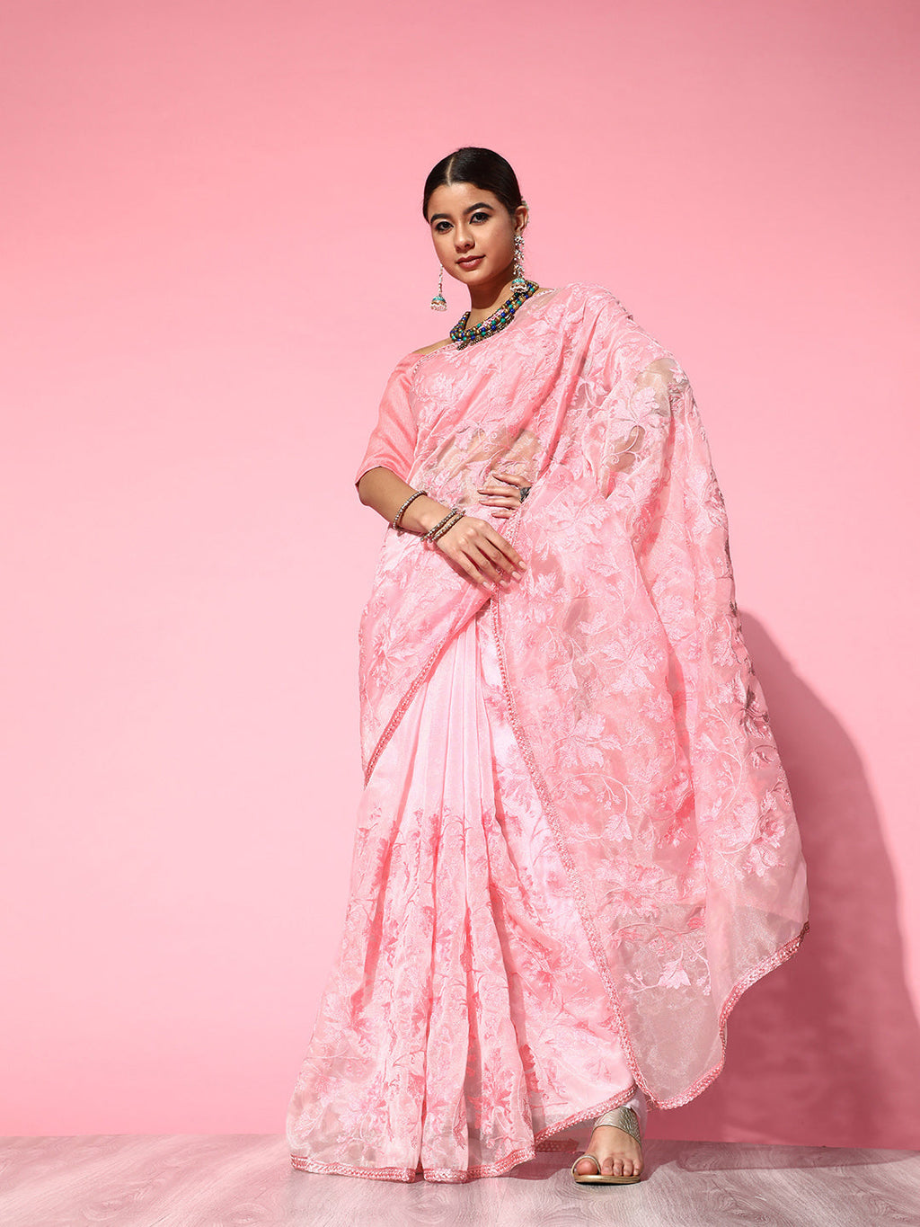 Saree Mall Pink Floral Embroidered Organza Saree | Grocsy
