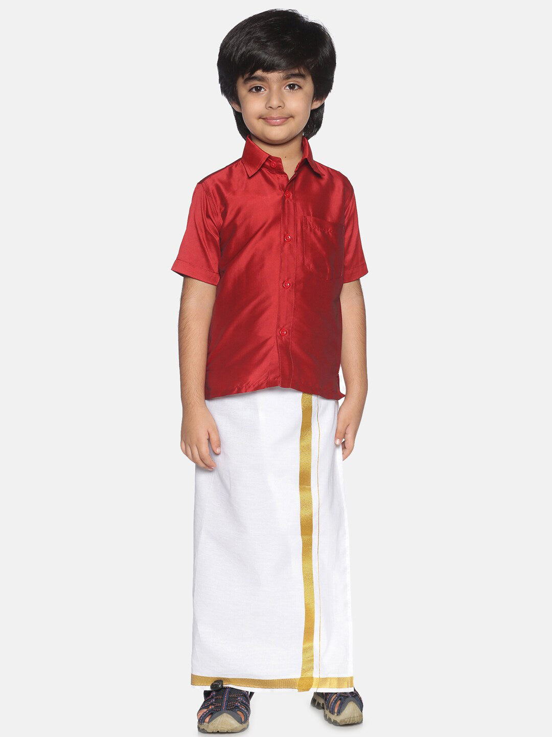 Sethukrishna Boys Red & White Shirt and Veshti Set | Grocsy
