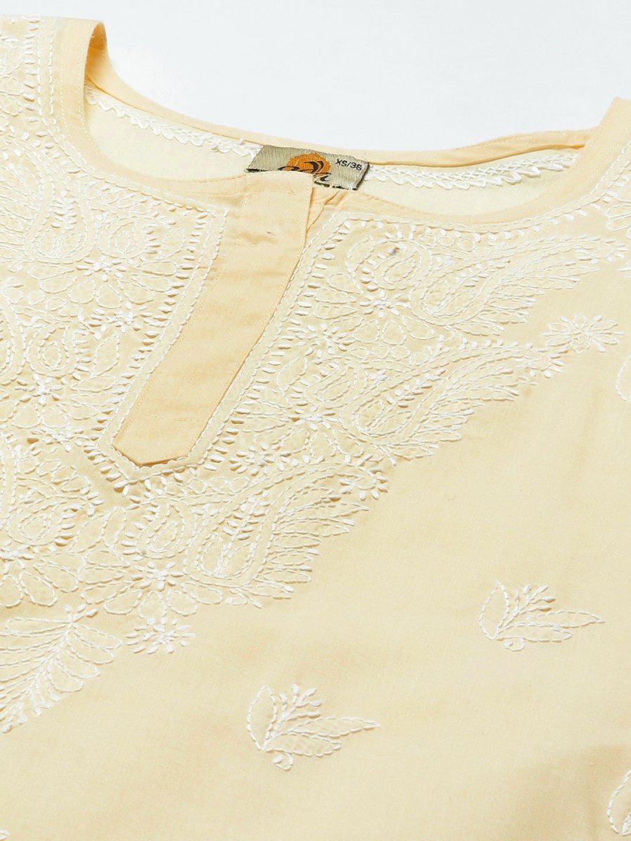 ADA Women Cream-Coloured & White Ethnic Motifs Embroidered Chikankari Cotton Kurta | Grocsy
