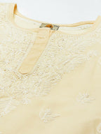 ADA Women Cream-Coloured & White Ethnic Motifs Embroidered Chikankari Cotton Kurta | Grocsy