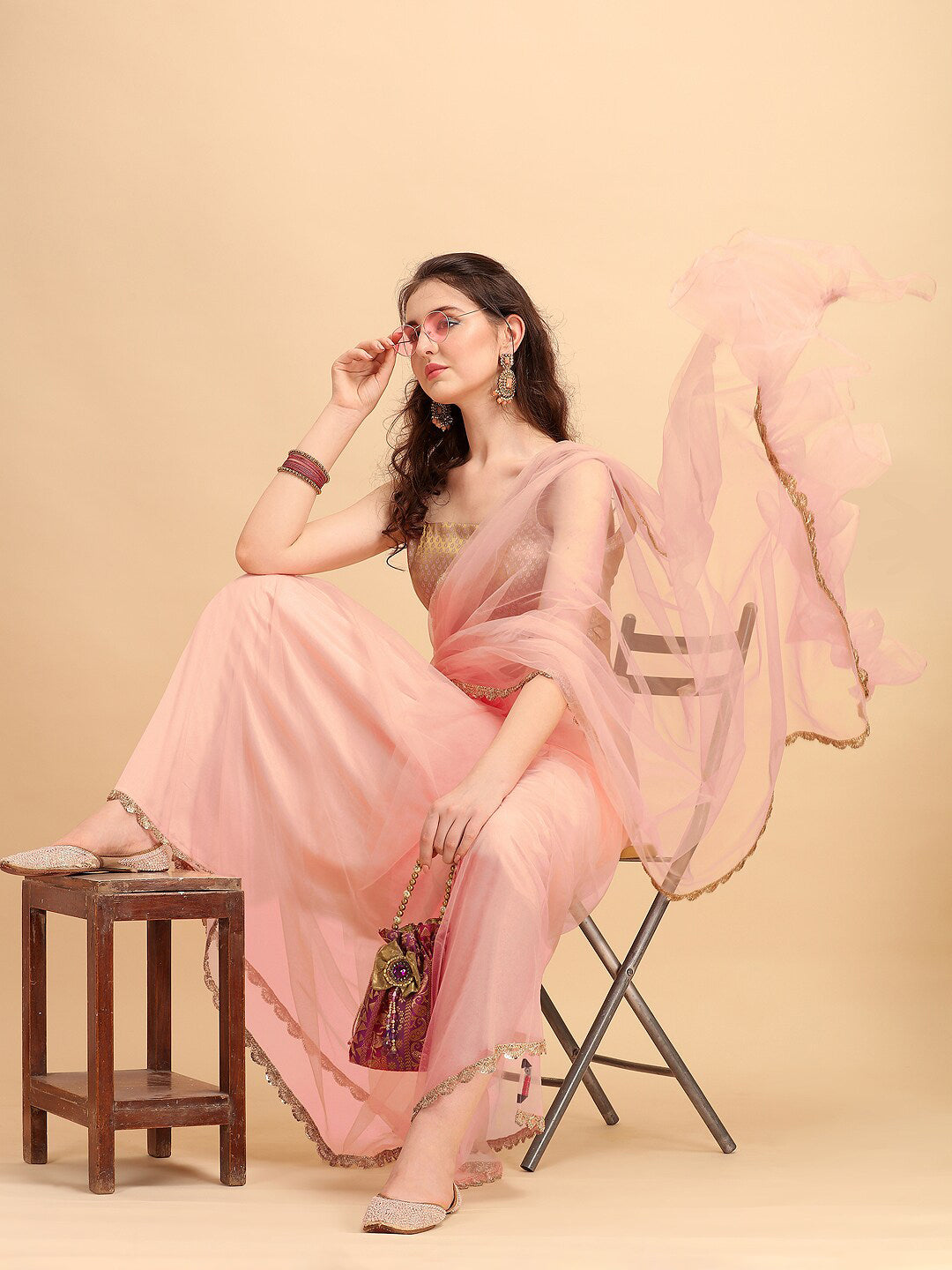 Sangria Pink Solid Net Ruffled Saree | Grocsy