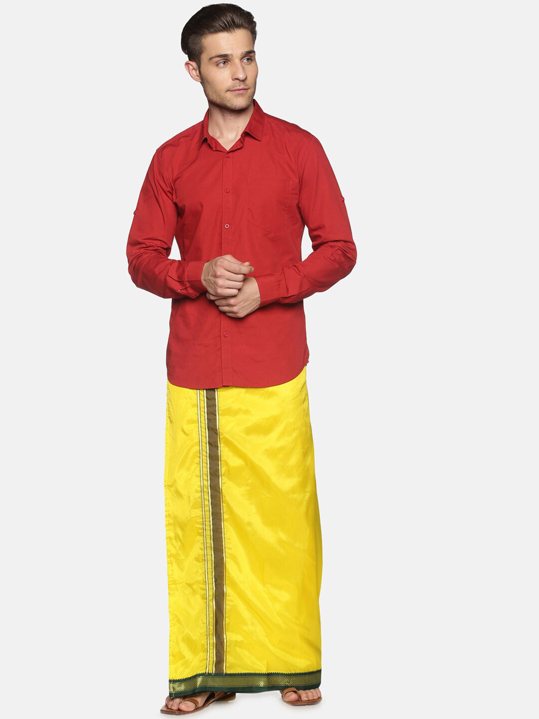 Sethukrishna Men Yellow & Green Solid Readymade Veshti Dhoti | Grocsy
