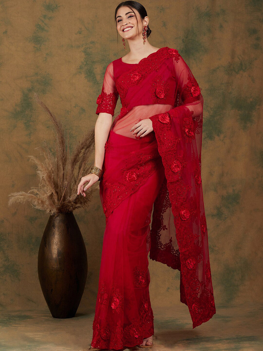 Sangria Red Floral Embroidered Saree | Grocsy