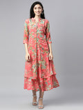 Souchii Pink & Green Floral Layered A-Line Midi Dress | Grocsy