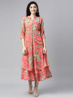 Souchii Pink & Green Floral Layered A-Line Midi Dress | Grocsy