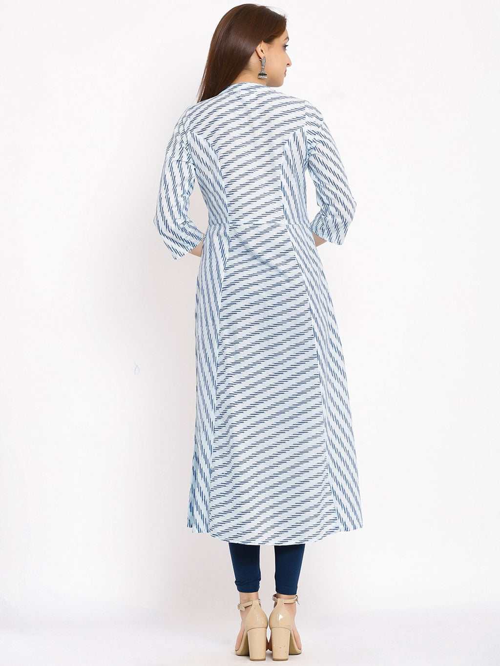 HERE&NOW Blue & White Striped Mandarin Collar Kurta | Grocsy