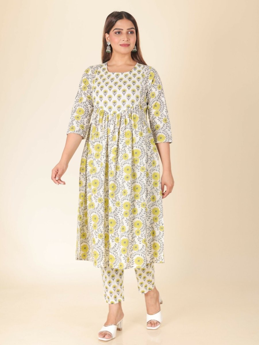 Aramya Yellow Soft Cotton Floral Print A-line Kurta Set for Women | Grocsy