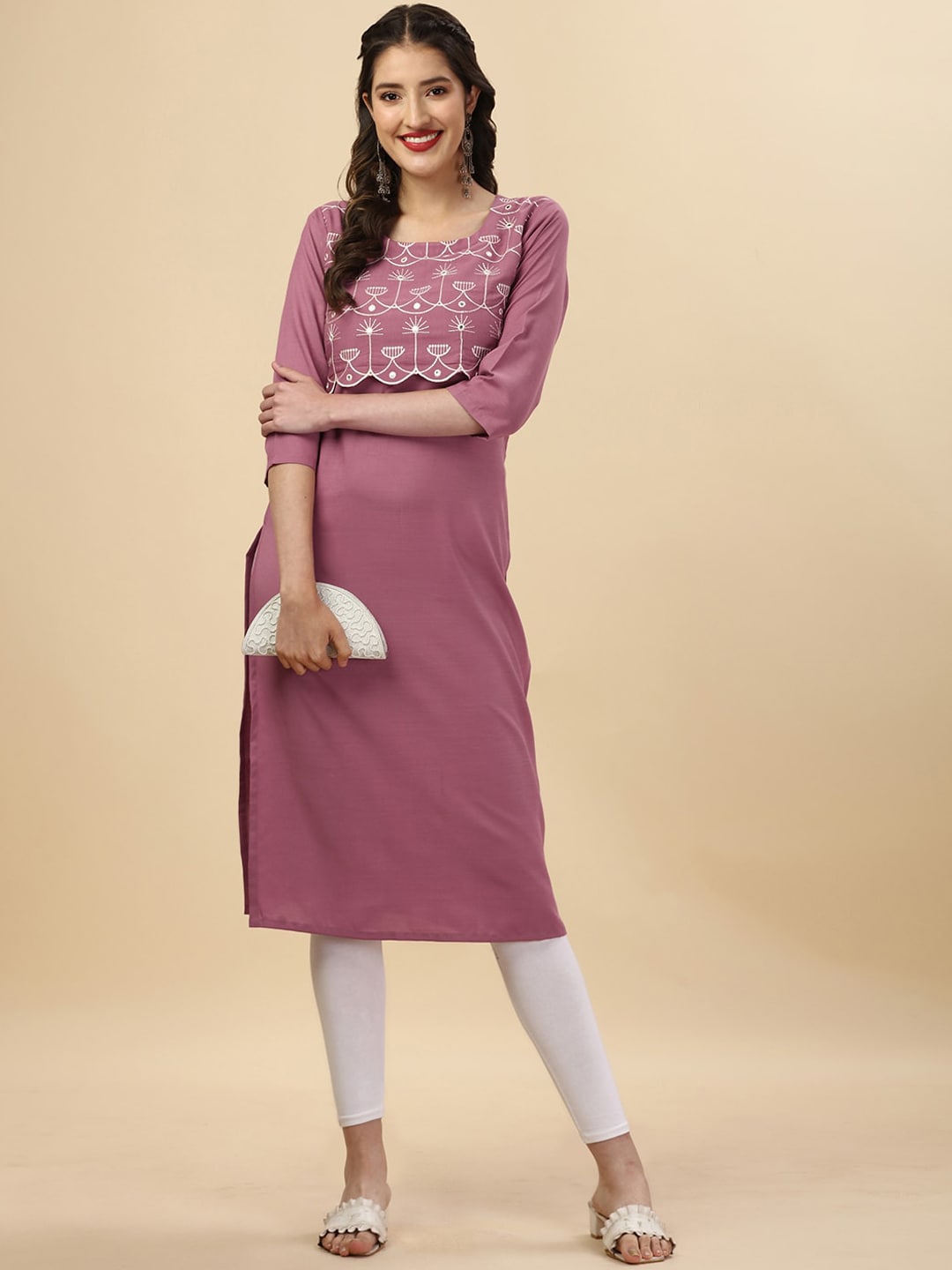 HERE&NOW Mauve & Biege Ethnic Motifs Embroidered Yoke Design Mirror Work Kurta | Grocsy
