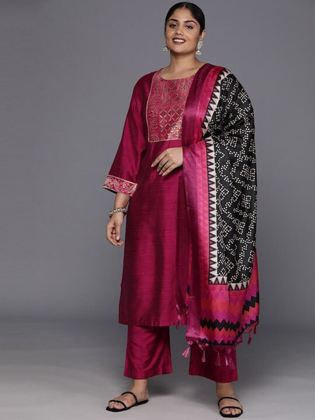 Sztori Plus Size Yoke Design Regular Patchwork Kurta With Trousers & Dupatta | Grocsy