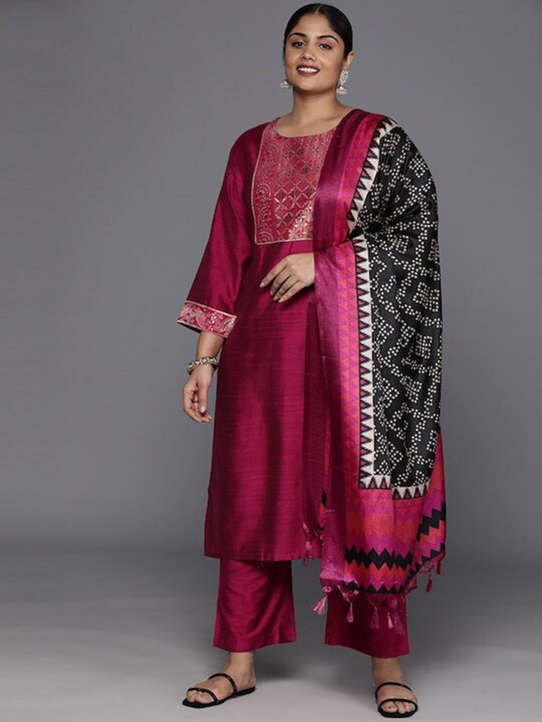 Sztori Plus Size Yoke Design Regular Patchwork Kurta With Trousers & Dupatta | Grocsy