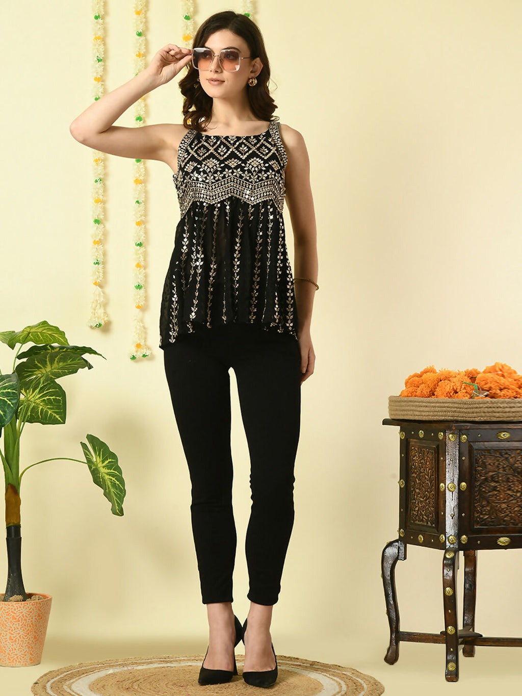 Myshka Women's Black Embroidered Party Fusion Top | Grocsy