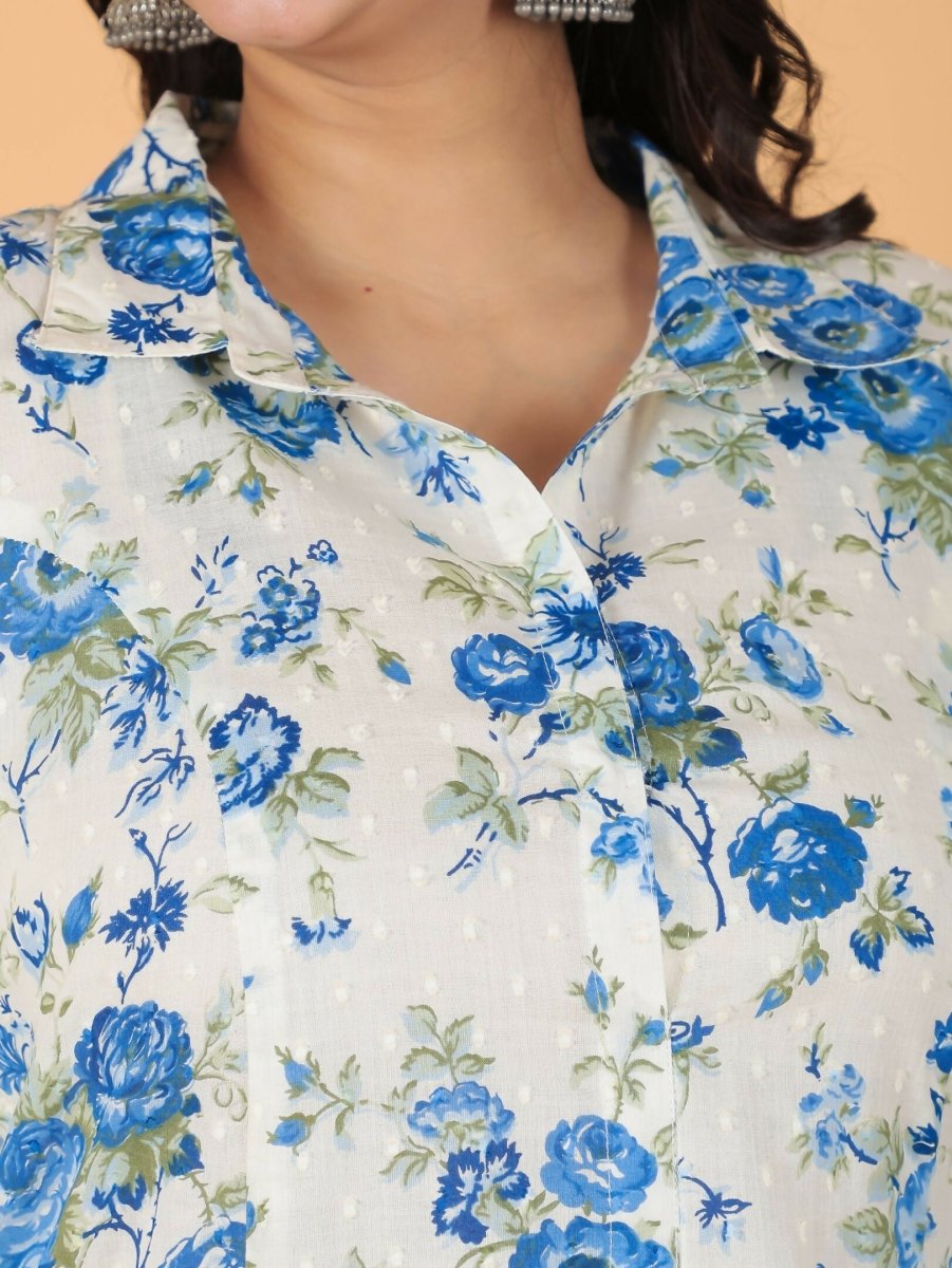 Aramya White Textured Cotton Floral Print High Low Kurta Set for Women | Grocsy
