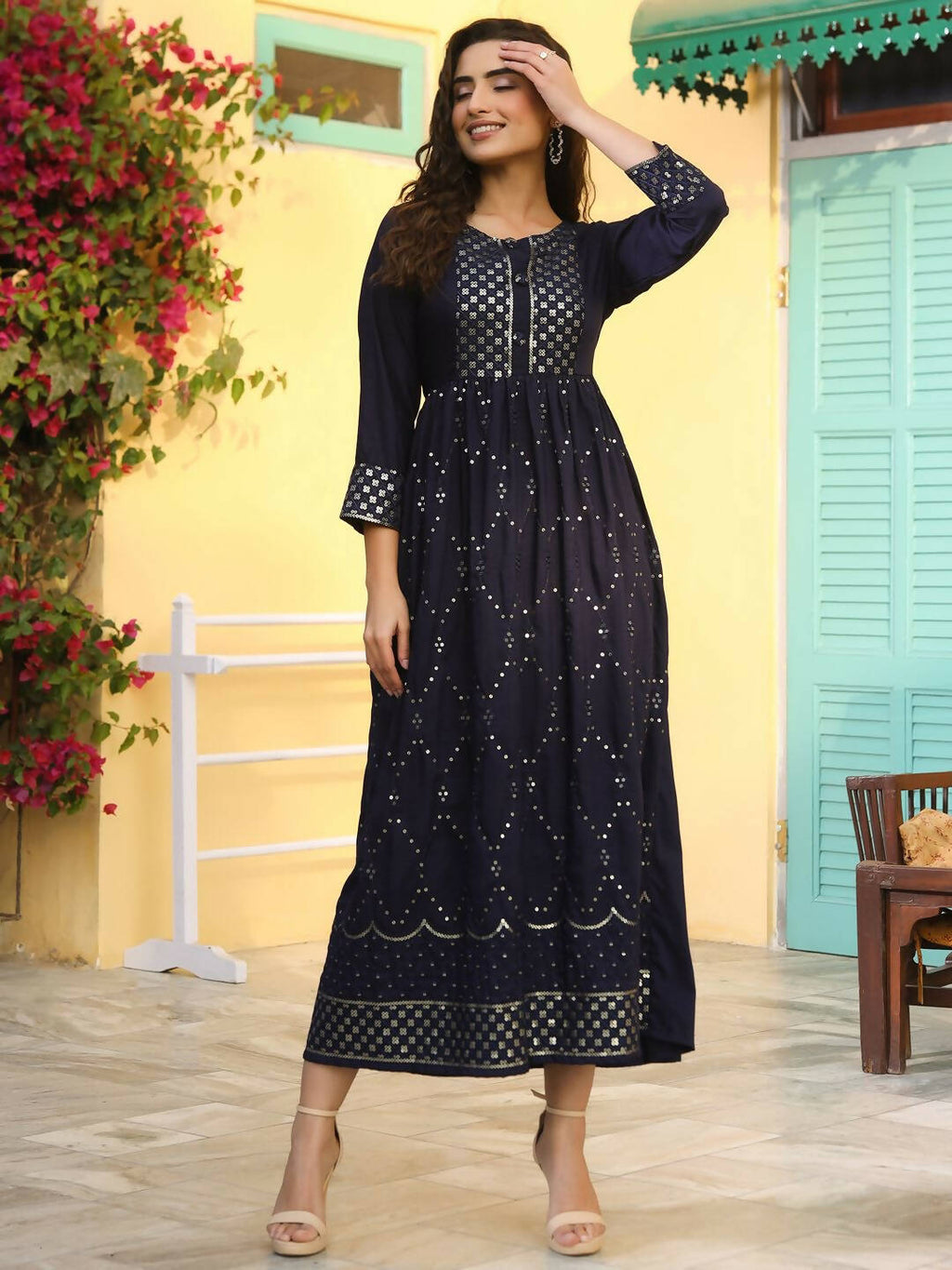 Juniper Women's Navy Festive Embroidered Flared Dress | Grocsy